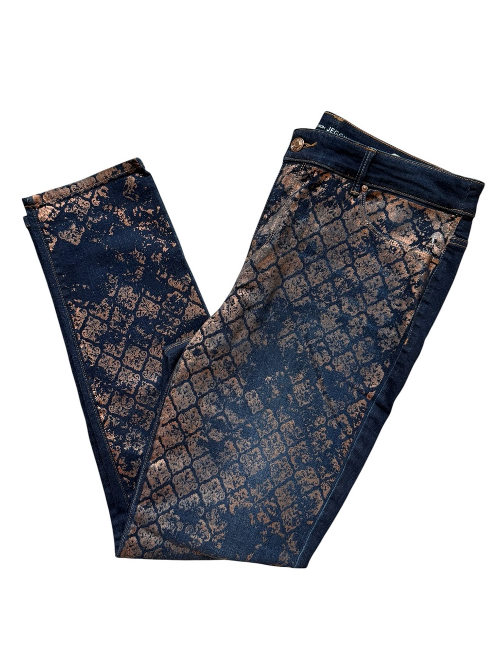 Chico’s the Platinum Jegging Dark Denim Wash Metallic Bronze Foil Stamp Large 12 - Picture 8 of 8